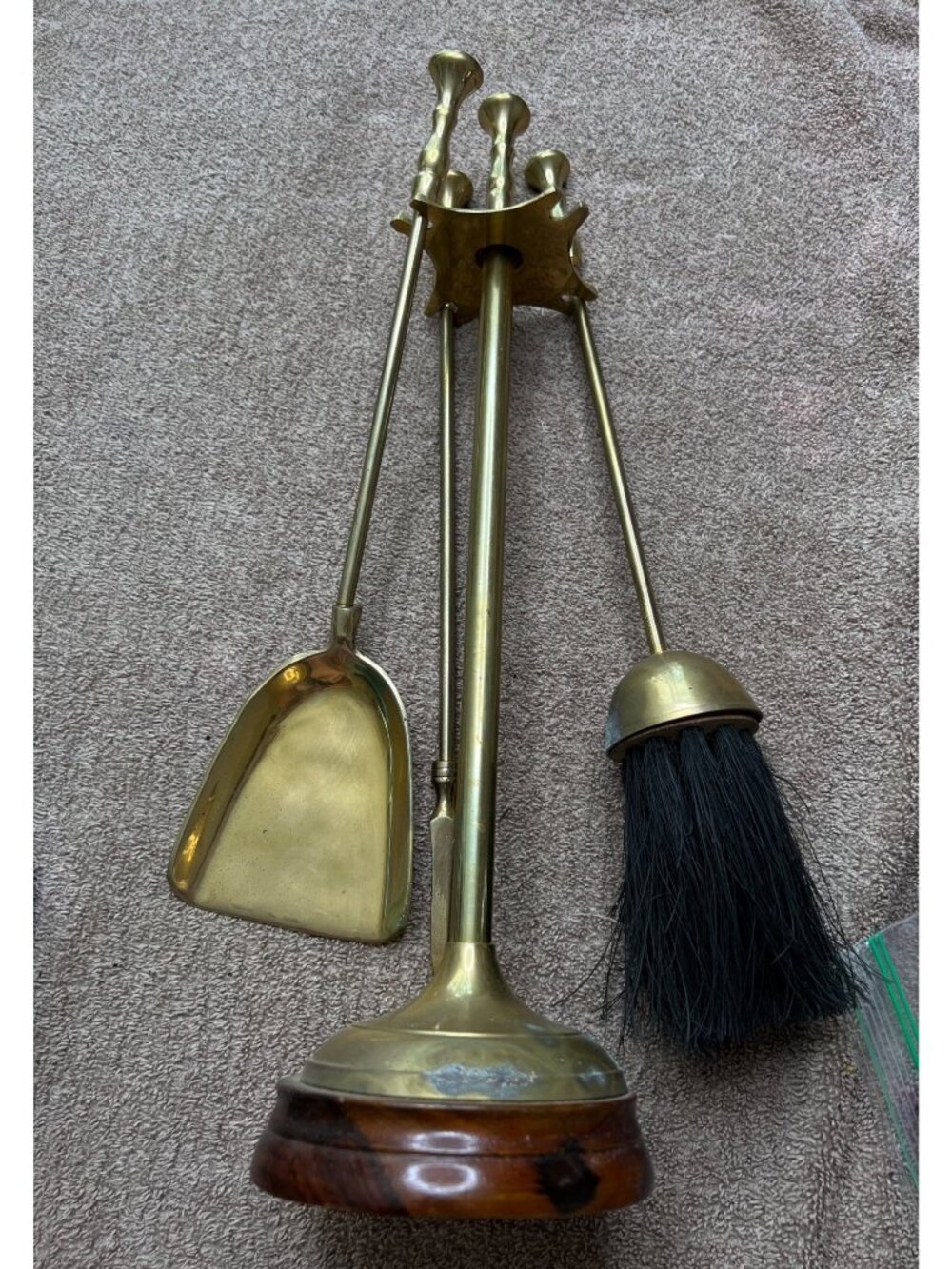 Vintage Brass Fireplace Tool Set With Brush Shovel & Poker Wooden Base Patina